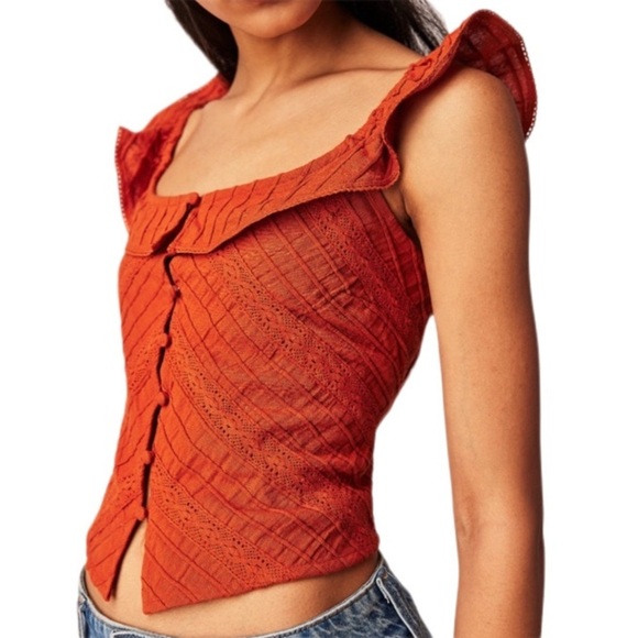 FREE PEOPLE Orange Sleeveless Ruffled Blouse - Picture 2 of 9